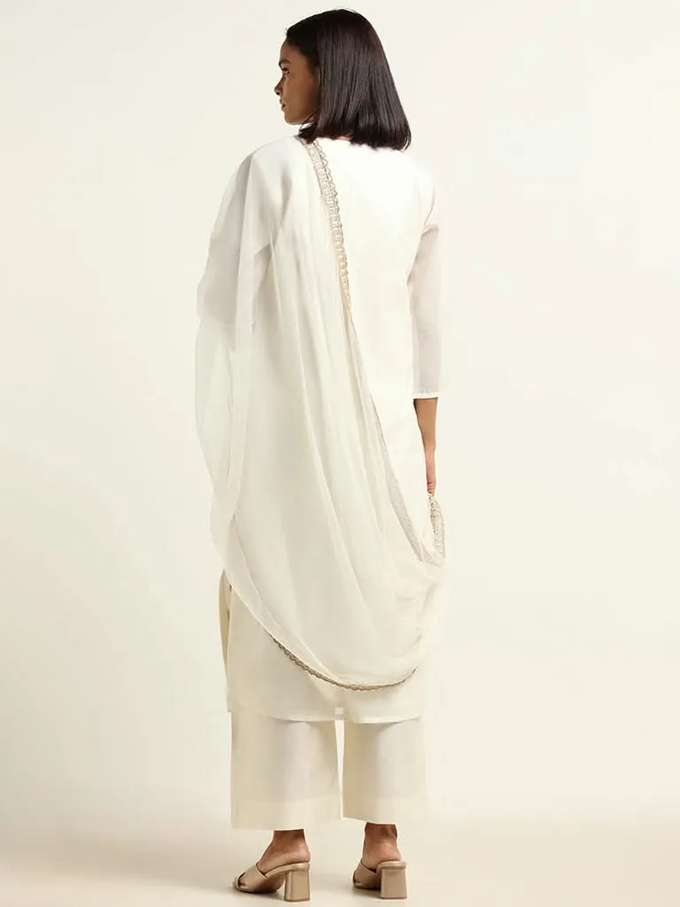 Vark White Kurta, Palazzos & Dupatta Set