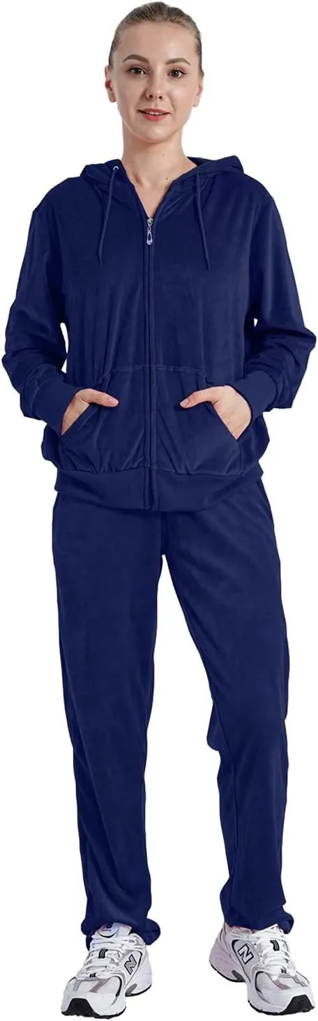 Velour Sweatsuits for Women Casual Zip Up Hooded Jackets and Long Pants 2 Pieces Outfits Sets