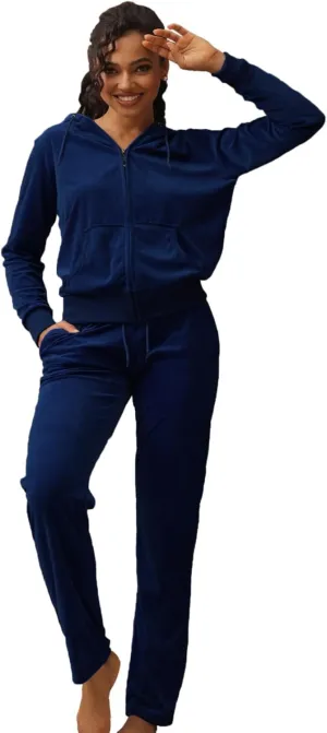 Velour Sweatsuits for Women Casual Zip Up Hooded Jackets and Long Pants 2 Pieces Outfits Sets