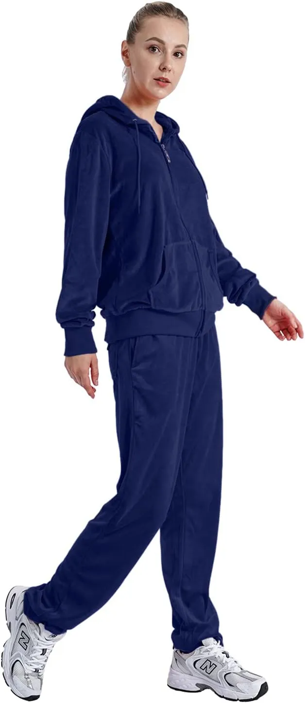Velour Sweatsuits for Women Casual Zip Up Hooded Jackets and Long Pants 2 Pieces Outfits Sets