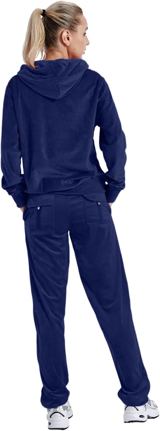 Velour Sweatsuits for Women Casual Zip Up Hooded Jackets and Long Pants 2 Pieces Outfits Sets