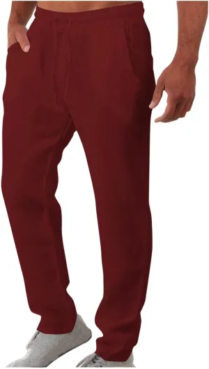 Vickyleb Men's Linen Pants Slim Fit Cotton Casual Lightweight Elastic Waist Summer Beach Loose Trousers with Pockets