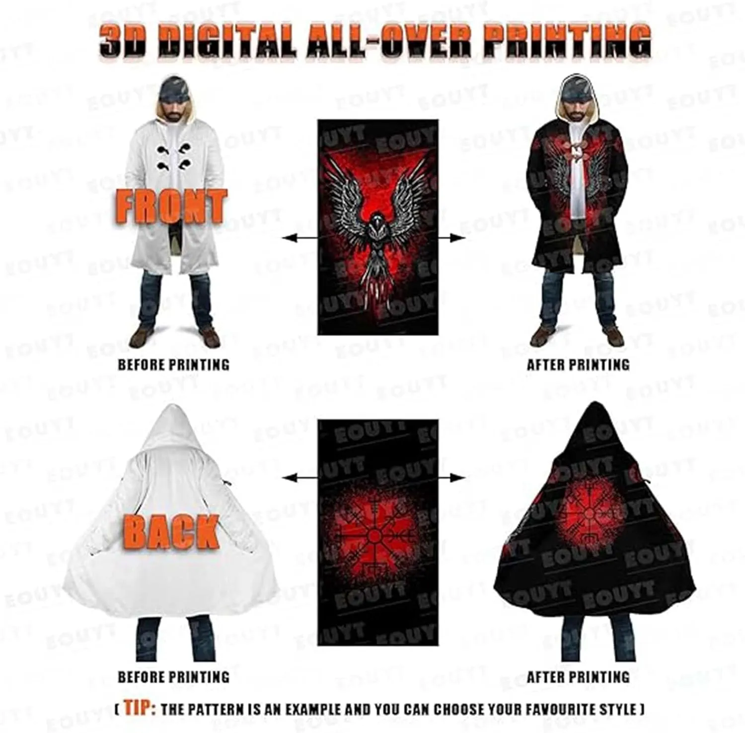 Vikings Valhalla Unisex Warm Cashmere Hooded Cloak Norse Mythology Odin Raven Casual Robe Pagan Jacket Viking Gifts for Men