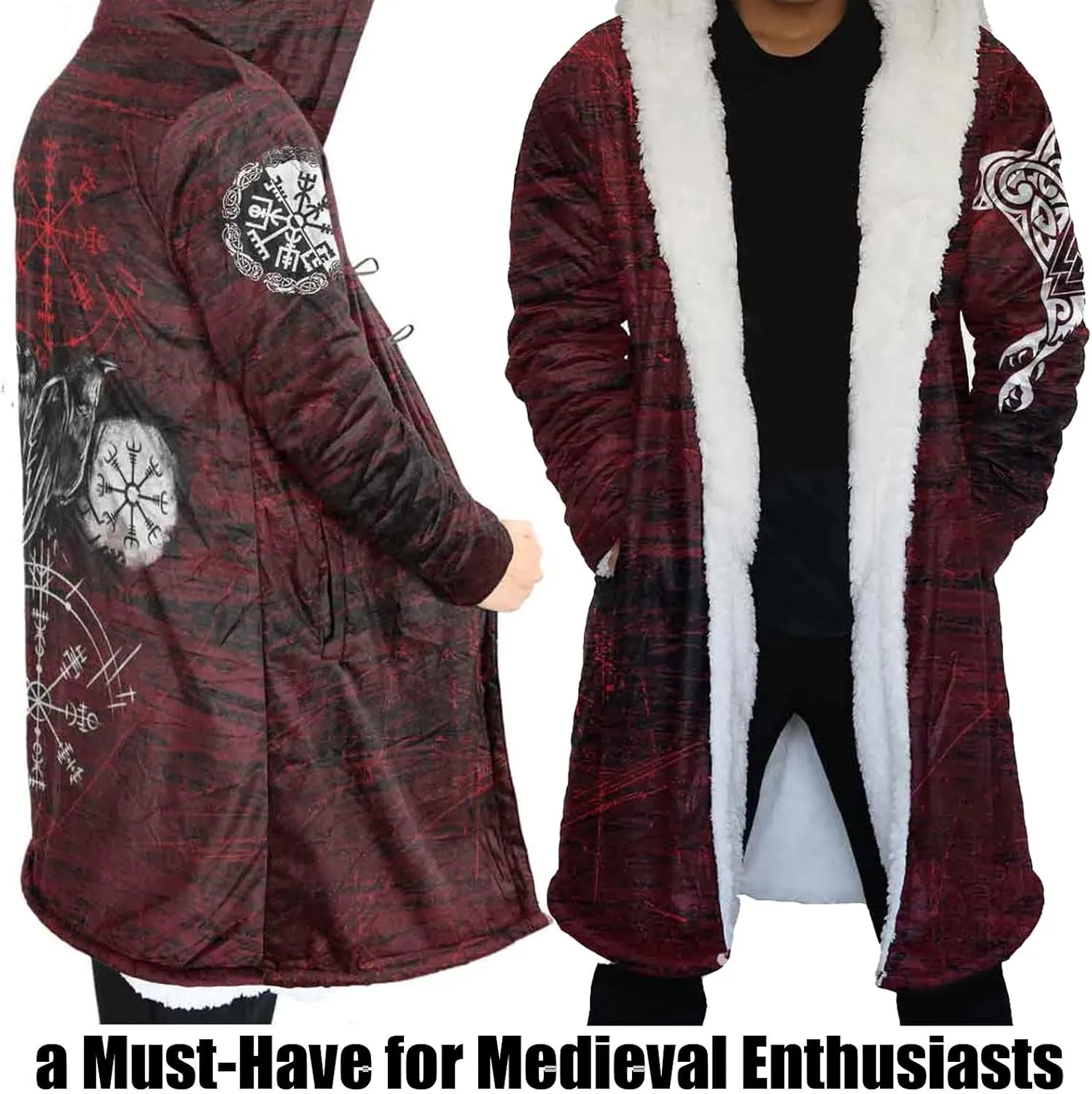 Vikings Valhalla Unisex Warm Cashmere Hooded Cloak Norse Mythology Odin Raven Casual Robe Pagan Jacket Viking Gifts for Men