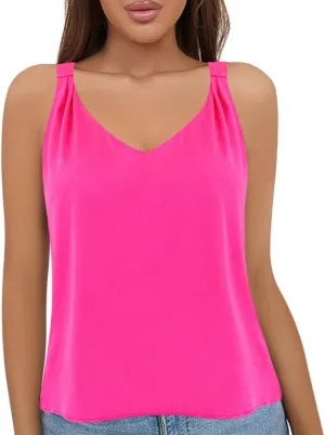 Vimoisa Women's Silk Satin Tank Tops V Neck Spaghetti Strap Camisole Blouse Casual Sleeveless Vest Basic Shirt