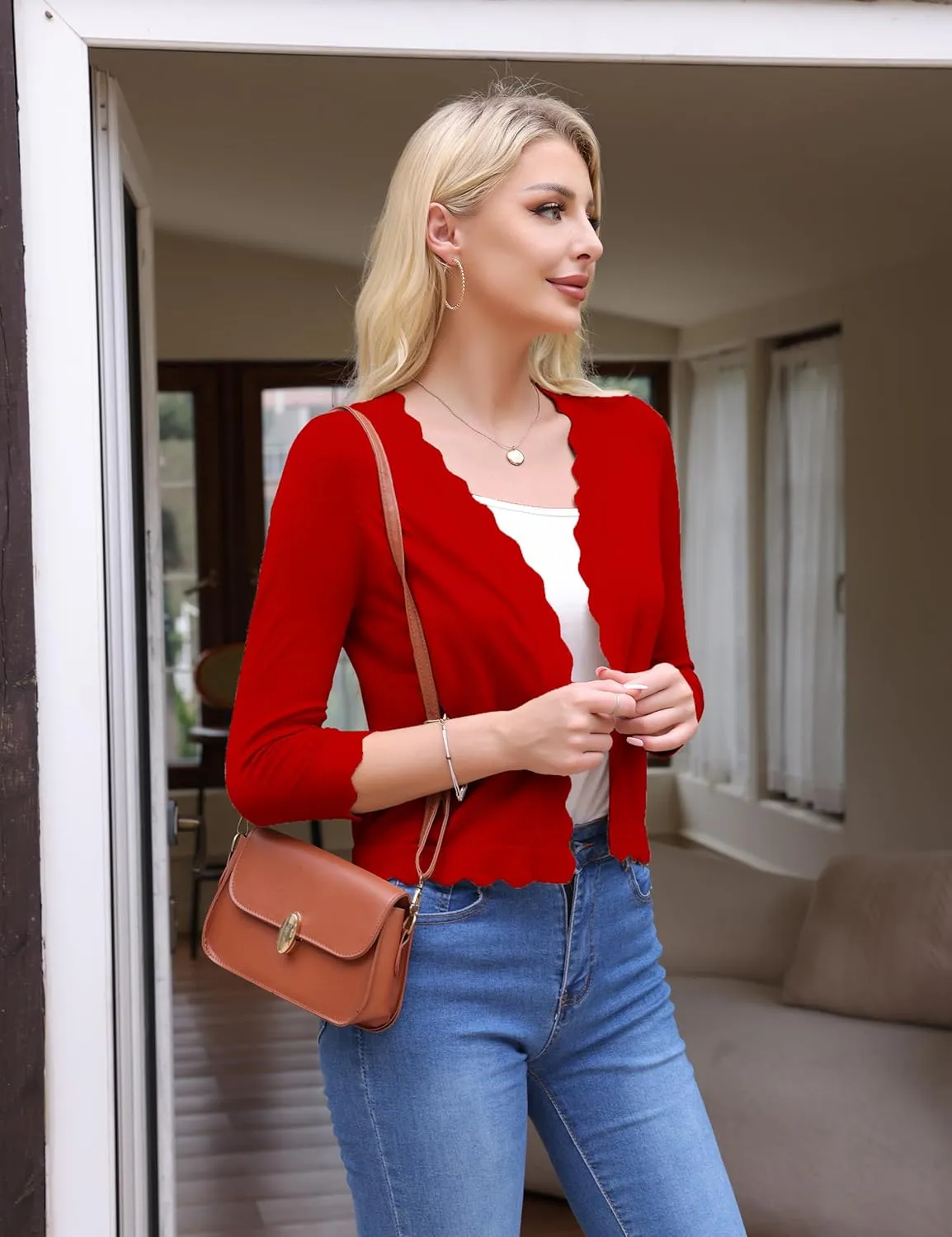 VOIANLIMO Women's 3/4 Sleeve Cropped Cardigan Sweaters Knit Open Front Bolero Short Shrugs for Dresses