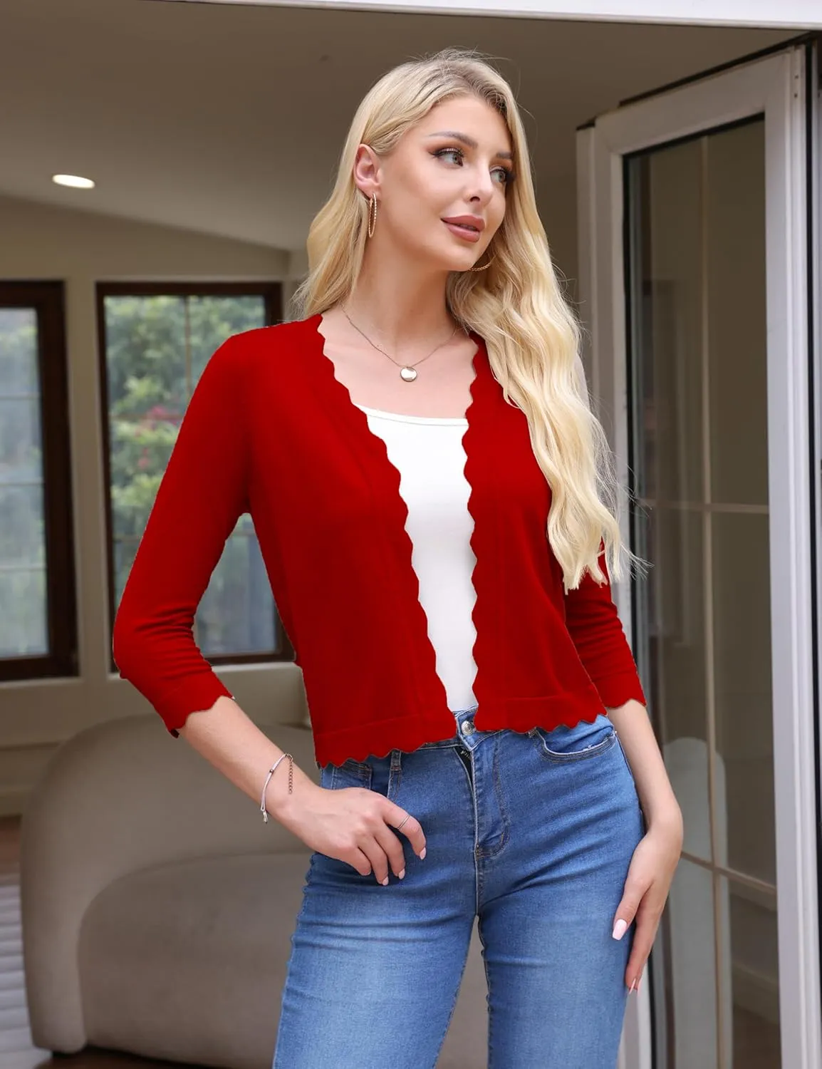 VOIANLIMO Women's 3/4 Sleeve Cropped Cardigan Sweaters Knit Open Front Bolero Short Shrugs for Dresses
