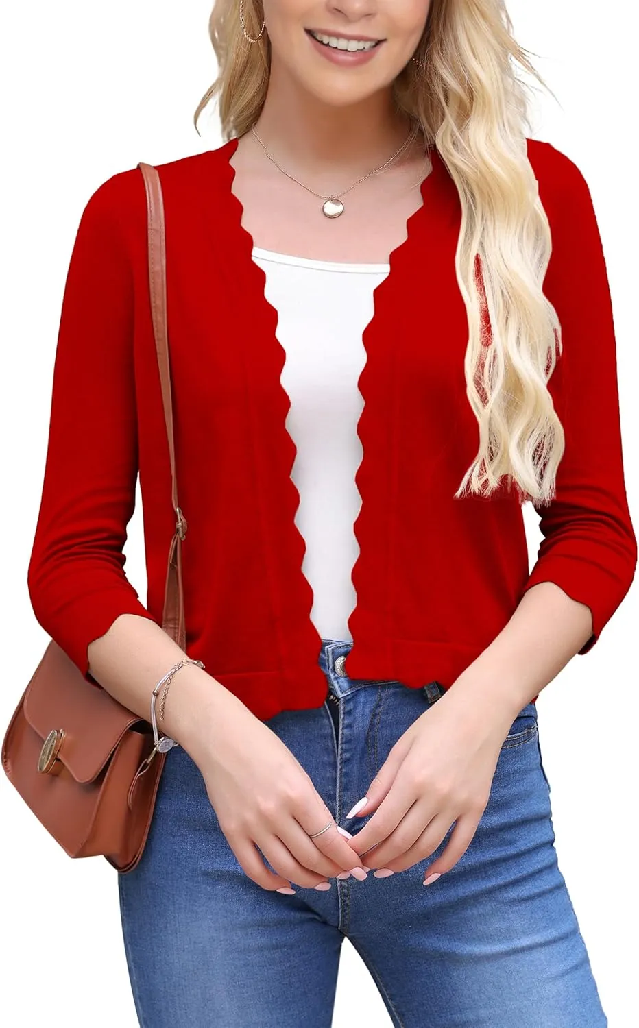 VOIANLIMO Women's 3/4 Sleeve Cropped Cardigan Sweaters Knit Open Front Bolero Short Shrugs for Dresses