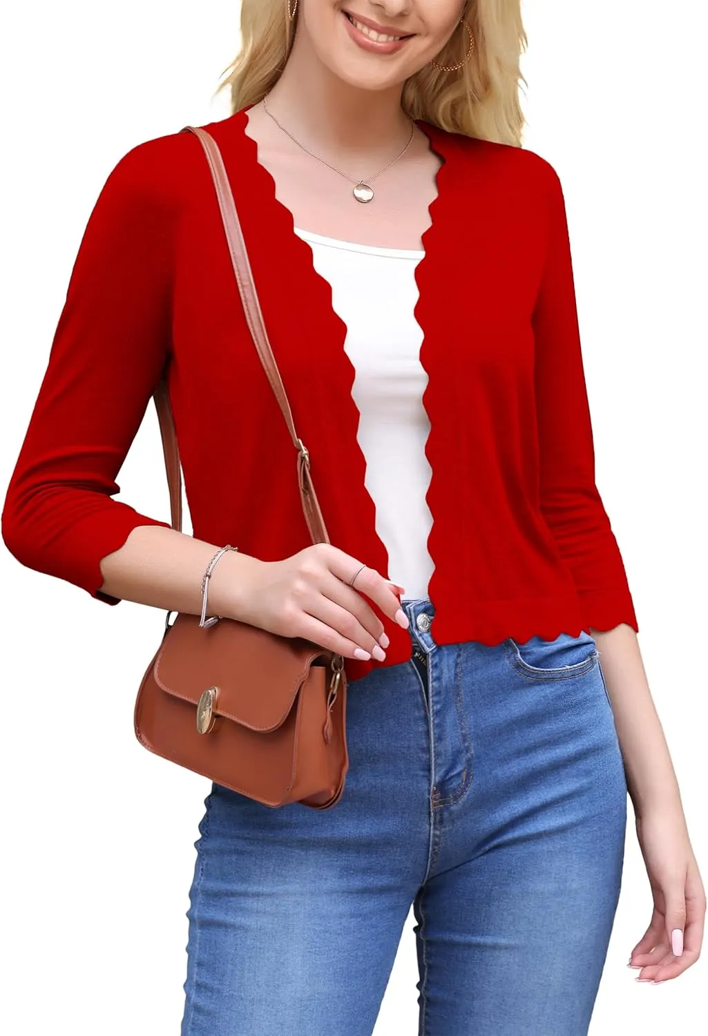 VOIANLIMO Women's 3/4 Sleeve Cropped Cardigan Sweaters Knit Open Front Bolero Short Shrugs for Dresses