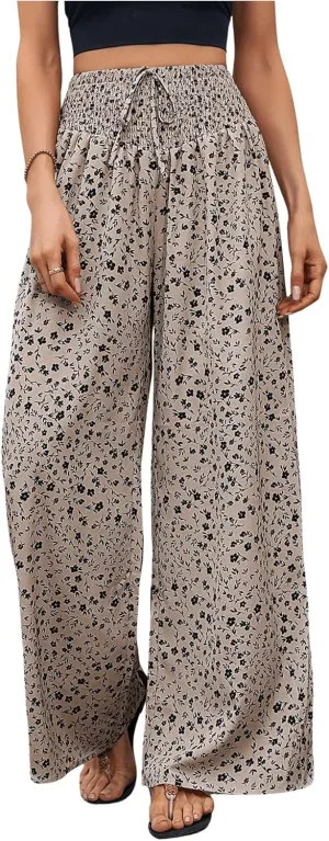 WDIRARA Women's Boho Floral Print Wide Leg Pants Smocked Drawstring High Waisted Trousers