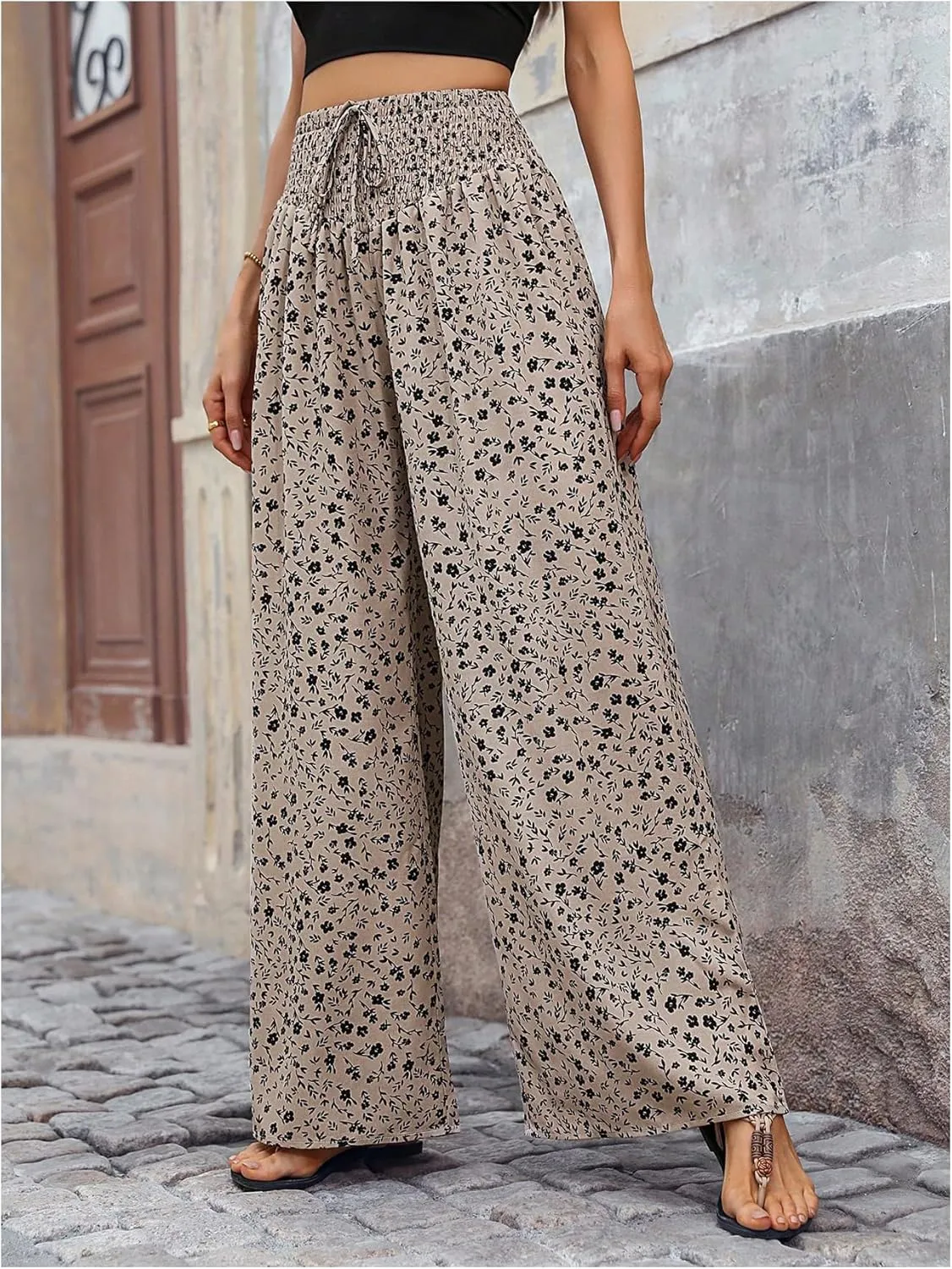 WDIRARA Women's Boho Floral Print Wide Leg Pants Smocked Drawstring High Waisted Trousers