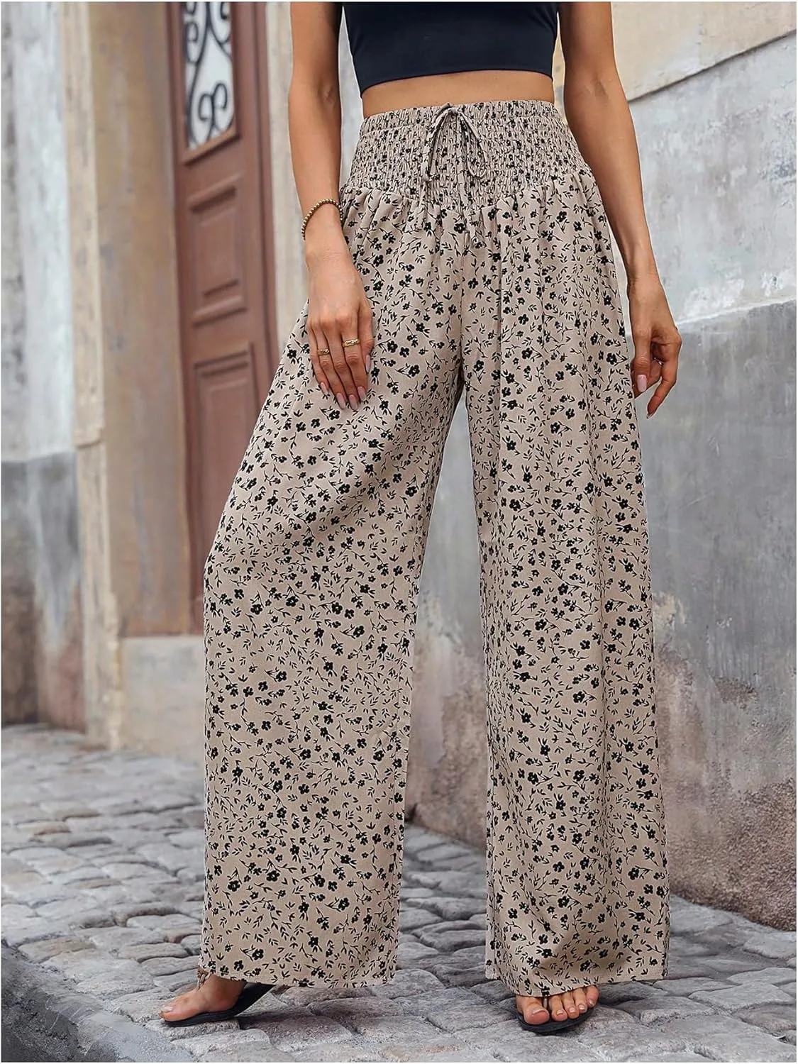WDIRARA Women's Boho Floral Print Wide Leg Pants Smocked Drawstring High Waisted Trousers