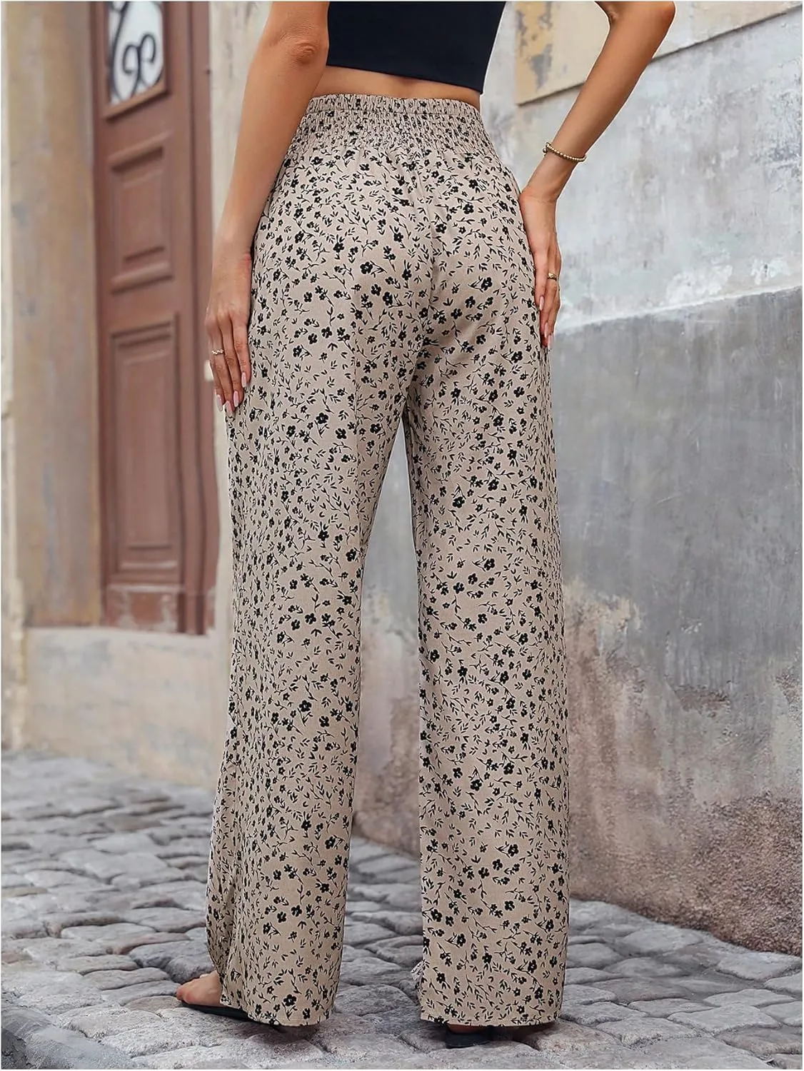 WDIRARA Women's Boho Floral Print Wide Leg Pants Smocked Drawstring High Waisted Trousers