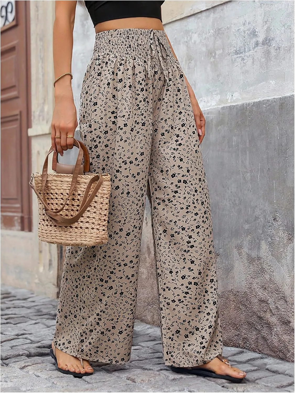 WDIRARA Women's Boho Floral Print Wide Leg Pants Smocked Drawstring High Waisted Trousers