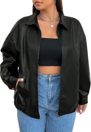 WDIRARA Women's Plus Size PU Leather Drop Shoulder Jacket Zip Up Long Sleeve Collared Textured Outerwear Jackets