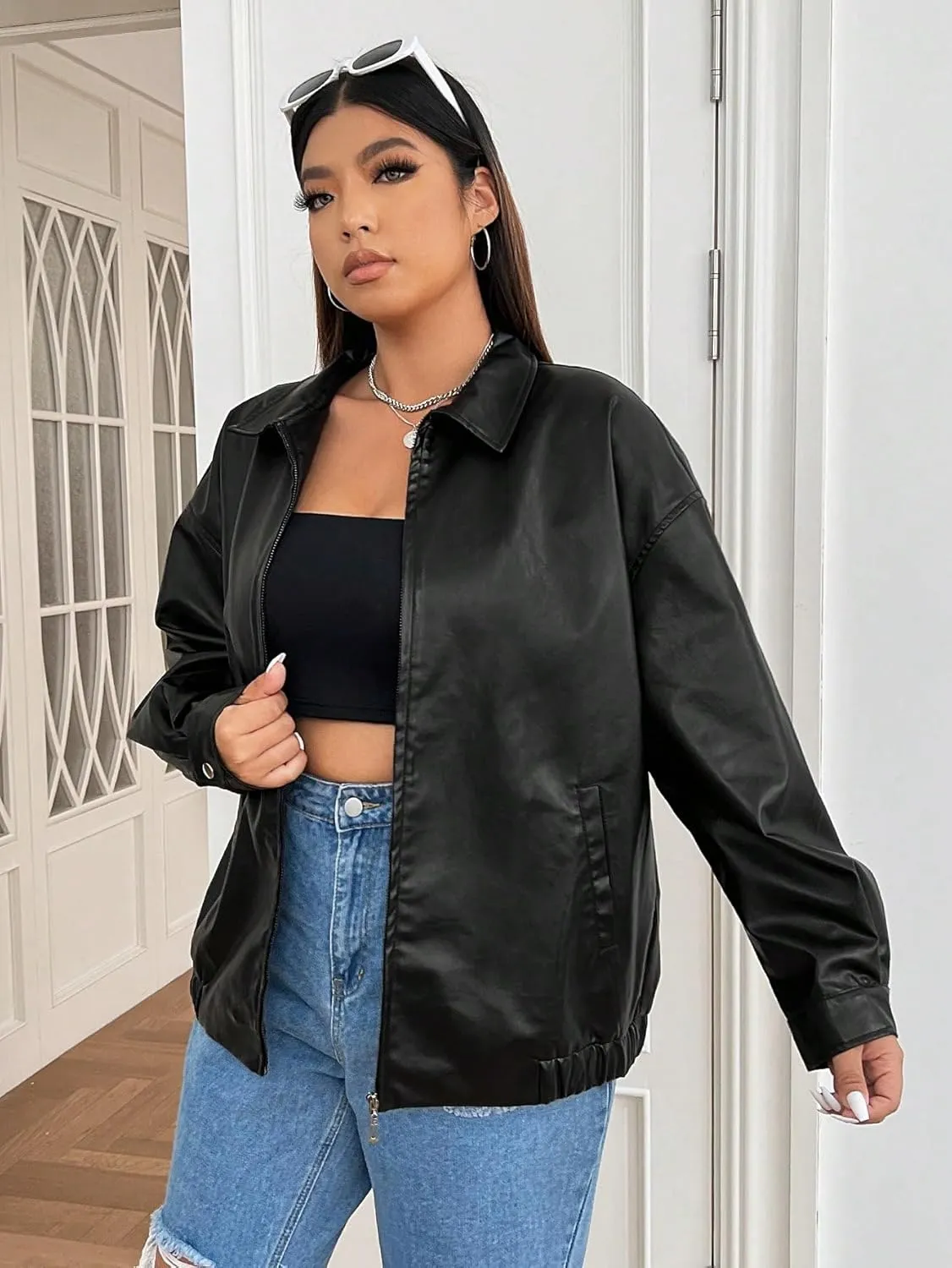 WDIRARA Women's Plus Size PU Leather Drop Shoulder Jacket Zip Up Long Sleeve Collared Textured Outerwear Jackets