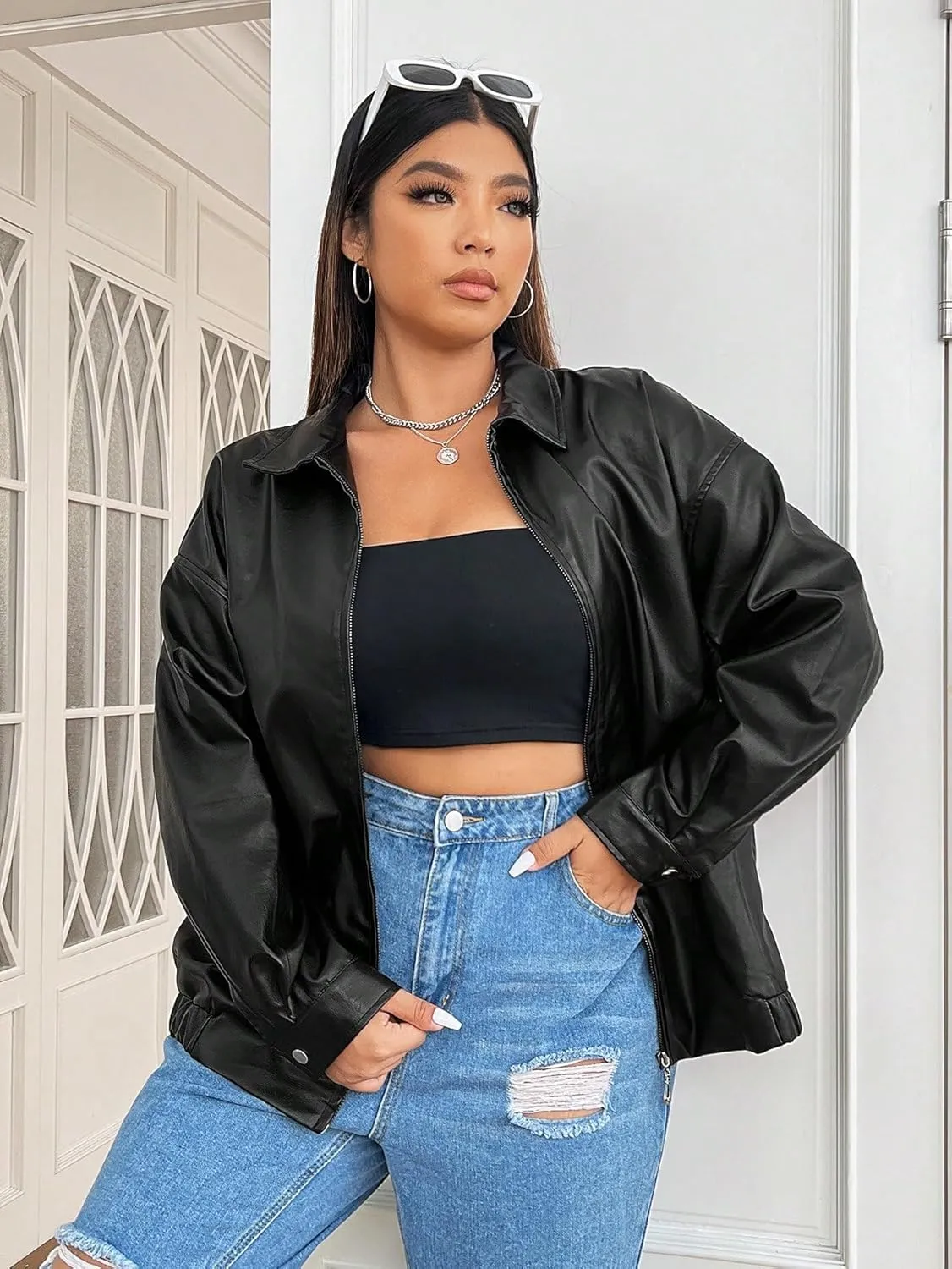 WDIRARA Women's Plus Size PU Leather Drop Shoulder Jacket Zip Up Long Sleeve Collared Textured Outerwear Jackets