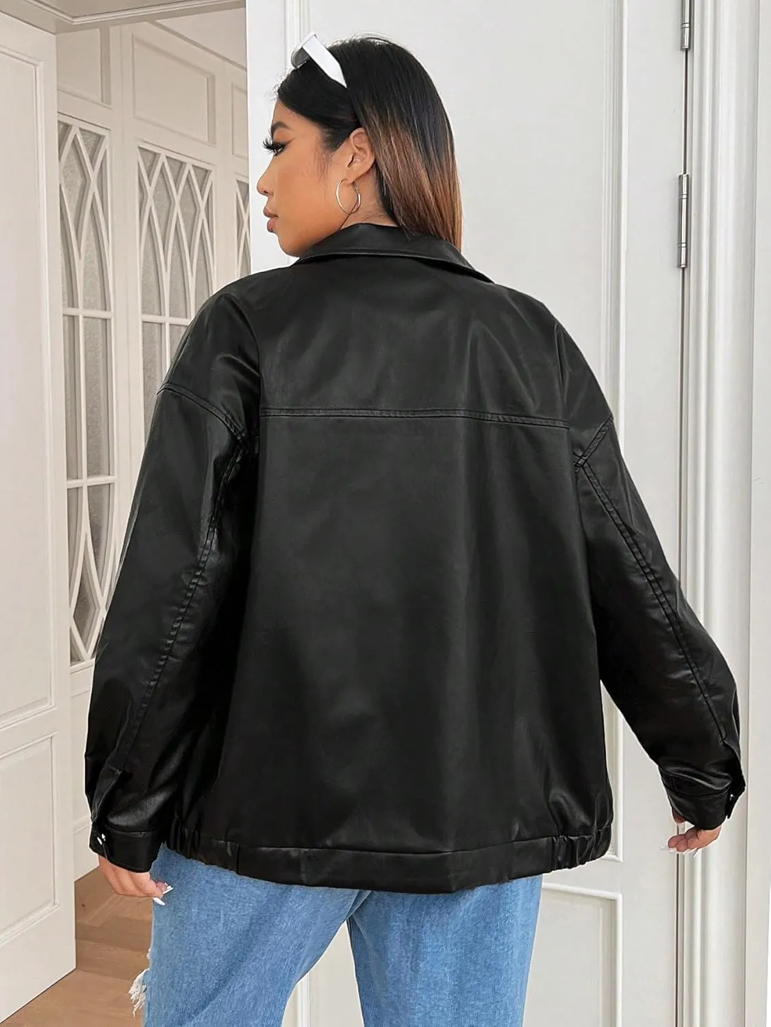 WDIRARA Women's Plus Size PU Leather Drop Shoulder Jacket Zip Up Long Sleeve Collared Textured Outerwear Jackets