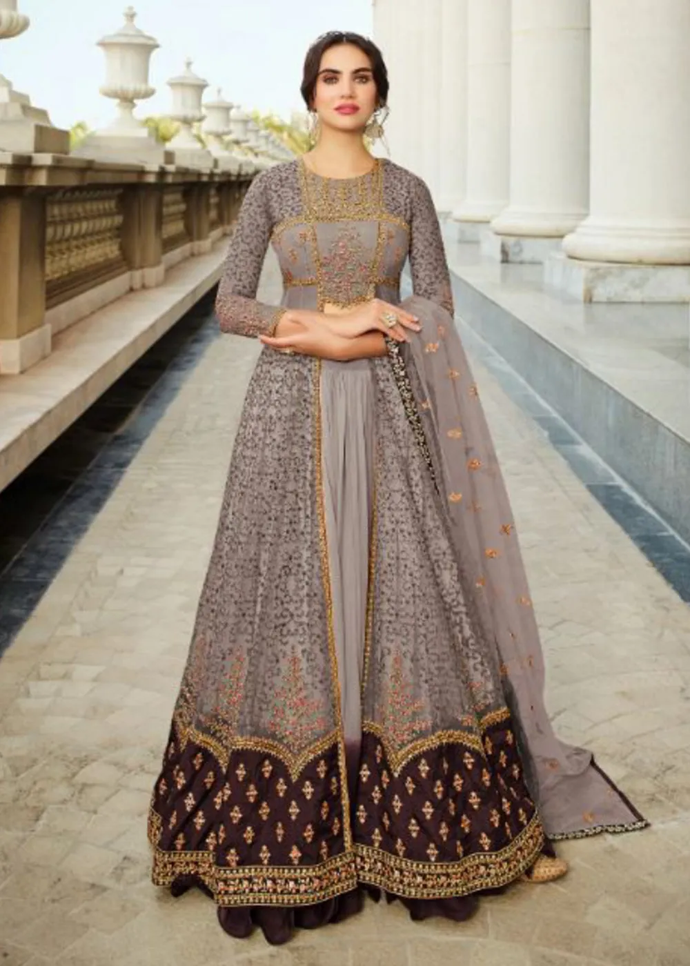 Wedding Party Mauve & Purple Front Slit Lehenga/Pant Style Anarkali