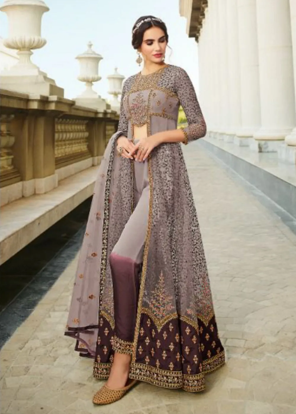 Wedding Party Mauve & Purple Front Slit Lehenga/Pant Style Anarkali