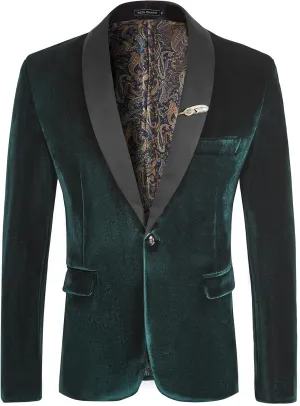 WEEN CHARM Velvet Blazer for Men Slim Fit One Button Sport Coat Tuxedo Jacket for Prom Wedding Party Dinner