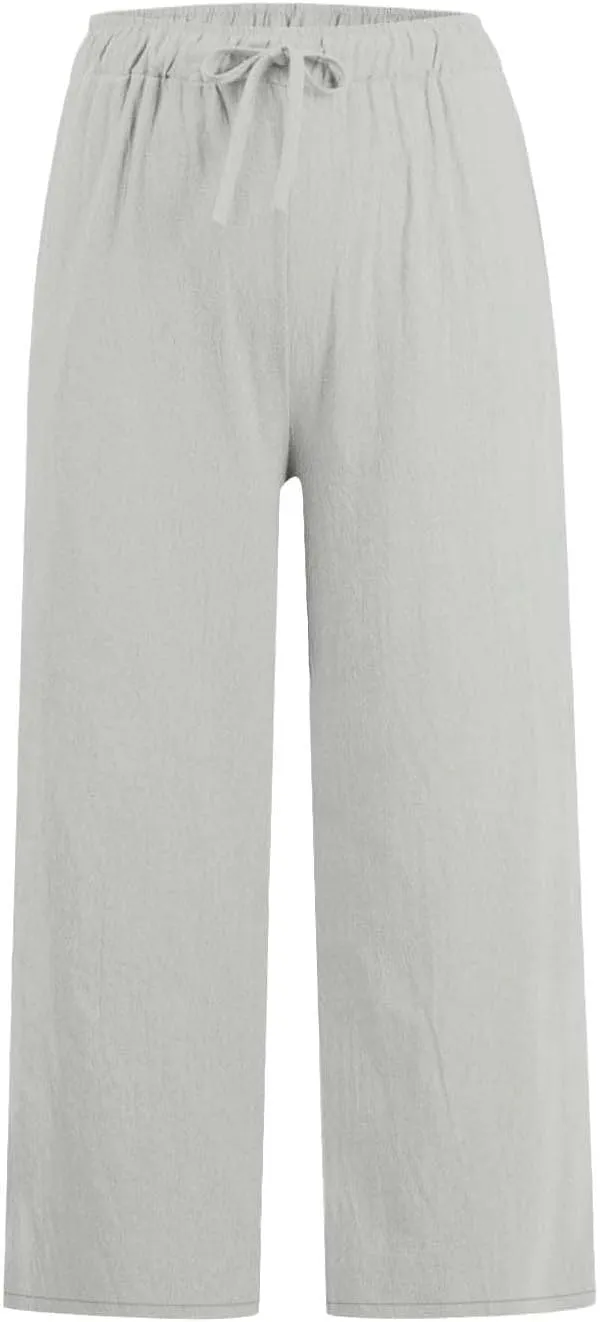 Wide Leg Capris for Women Summer Casual Palazzo Pants Drawstring Elastic Waist Baggy Lightweight Beach Capri Trousers