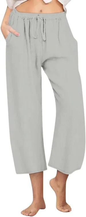 Wide Leg Capris for Women Summer Casual Palazzo Pants Drawstring Elastic Waist Baggy Lightweight Beach Capri Trousers