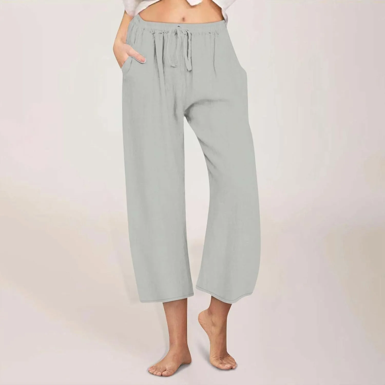 Wide Leg Capris for Women Summer Casual Palazzo Pants Drawstring Elastic Waist Baggy Lightweight Beach Capri Trousers