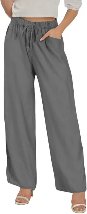 Wide Leg Cotton Linen Pants Women Casual Summer Elastic Waist Beach Pants Loose Fit Flowy Lounge Trousers with Pockets