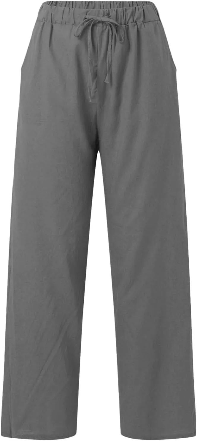 Wide Leg Cotton Linen Pants Women Casual Summer Elastic Waist Beach Pants Loose Fit Flowy Lounge Trousers with Pockets