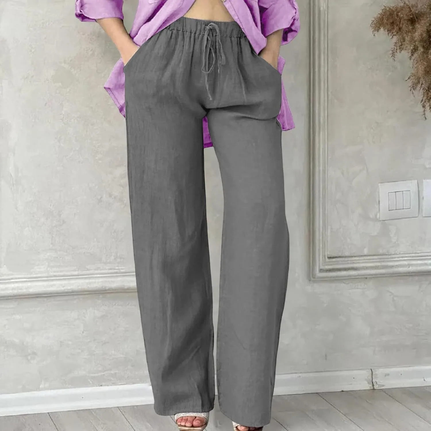 Wide Leg Cotton Linen Pants Women Casual Summer Elastic Waist Beach Pants Loose Fit Flowy Lounge Trousers with Pockets