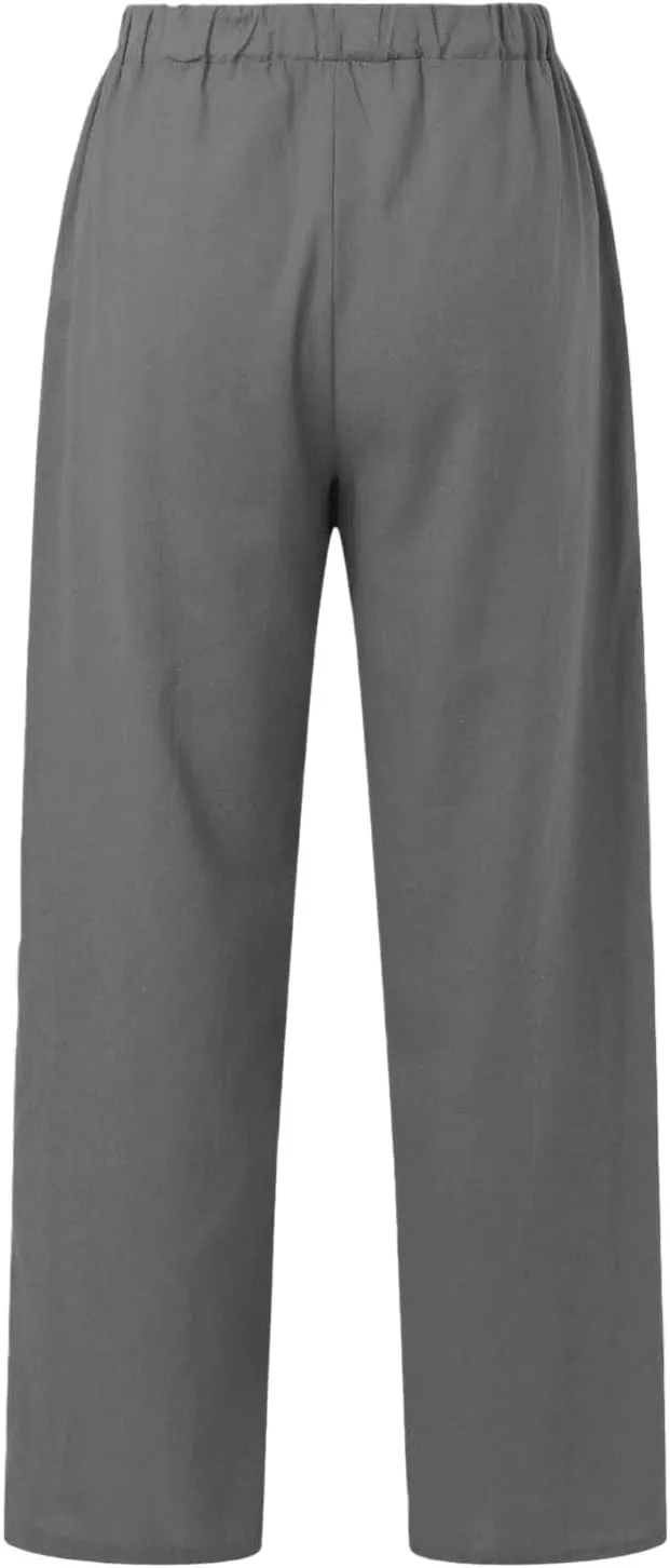 Wide Leg Cotton Linen Pants Women Casual Summer Elastic Waist Beach Pants Loose Fit Flowy Lounge Trousers with Pockets