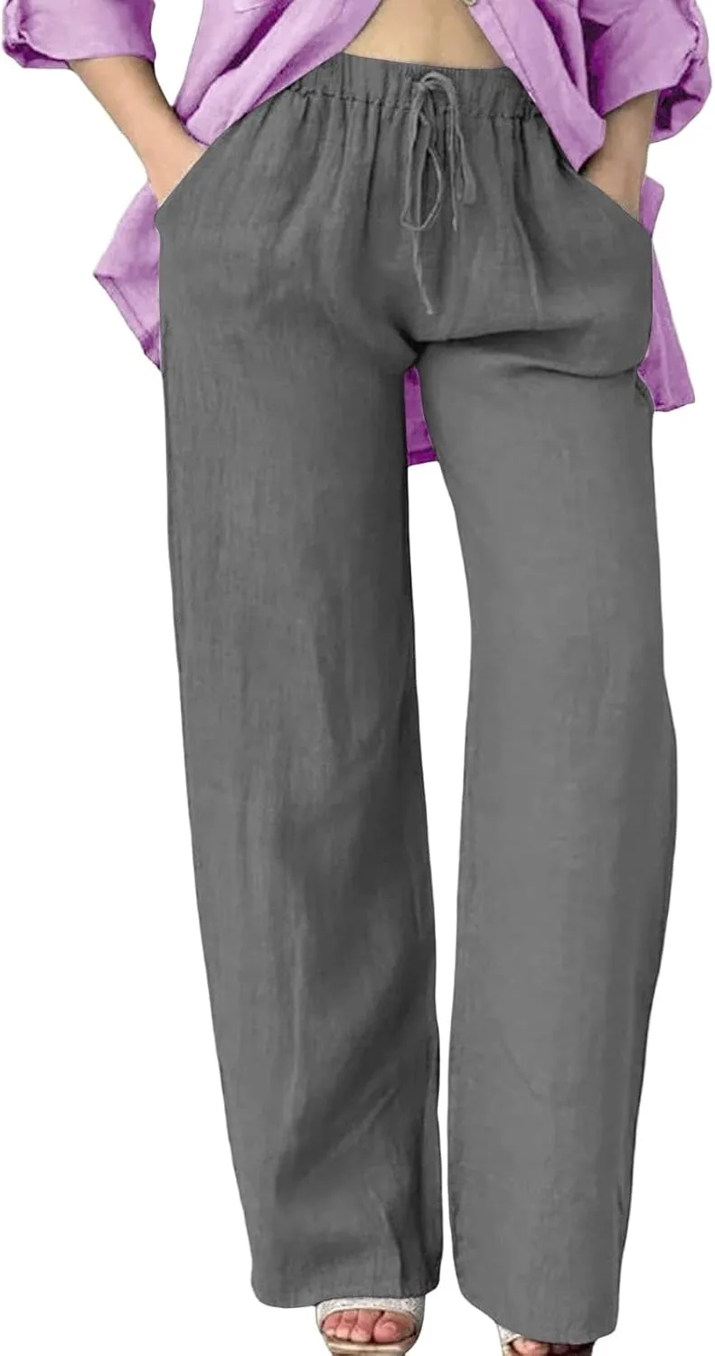 Wide Leg Cotton Linen Pants Women Casual Summer Elastic Waist Beach Pants Loose Fit Flowy Lounge Trousers with Pockets