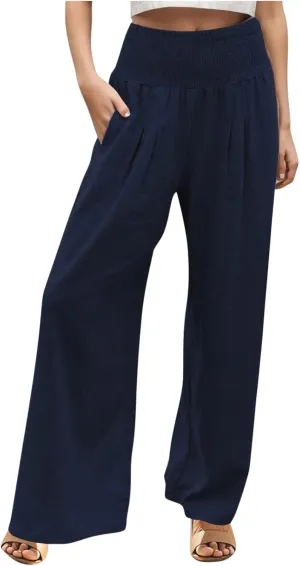 Wide Leg Linen Pants for Women Beach Summer Casual Elastic High Waist Loose Comfy Trousers Trendy Palazzo Pants with Pockets