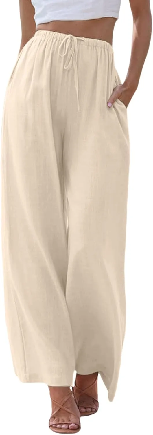 Wide Leg Linen Pants for Women Summer Flowy Palazzo Pants Comfy Elastic High Waist Casual Beach Trousers Pockets 2025