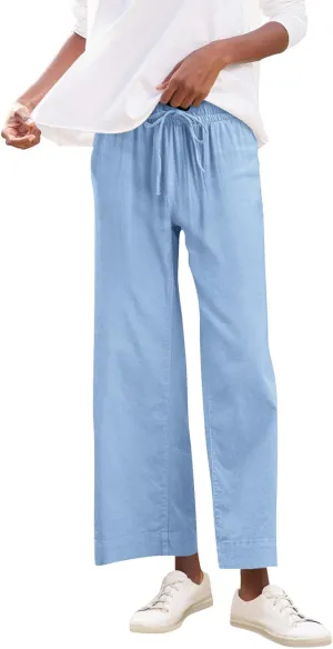 Wide Leg Linen Pants Woman Elastic High Waist Cropped Slacks Trendy Summer Business Casual Work Lounge Trouser Pockets