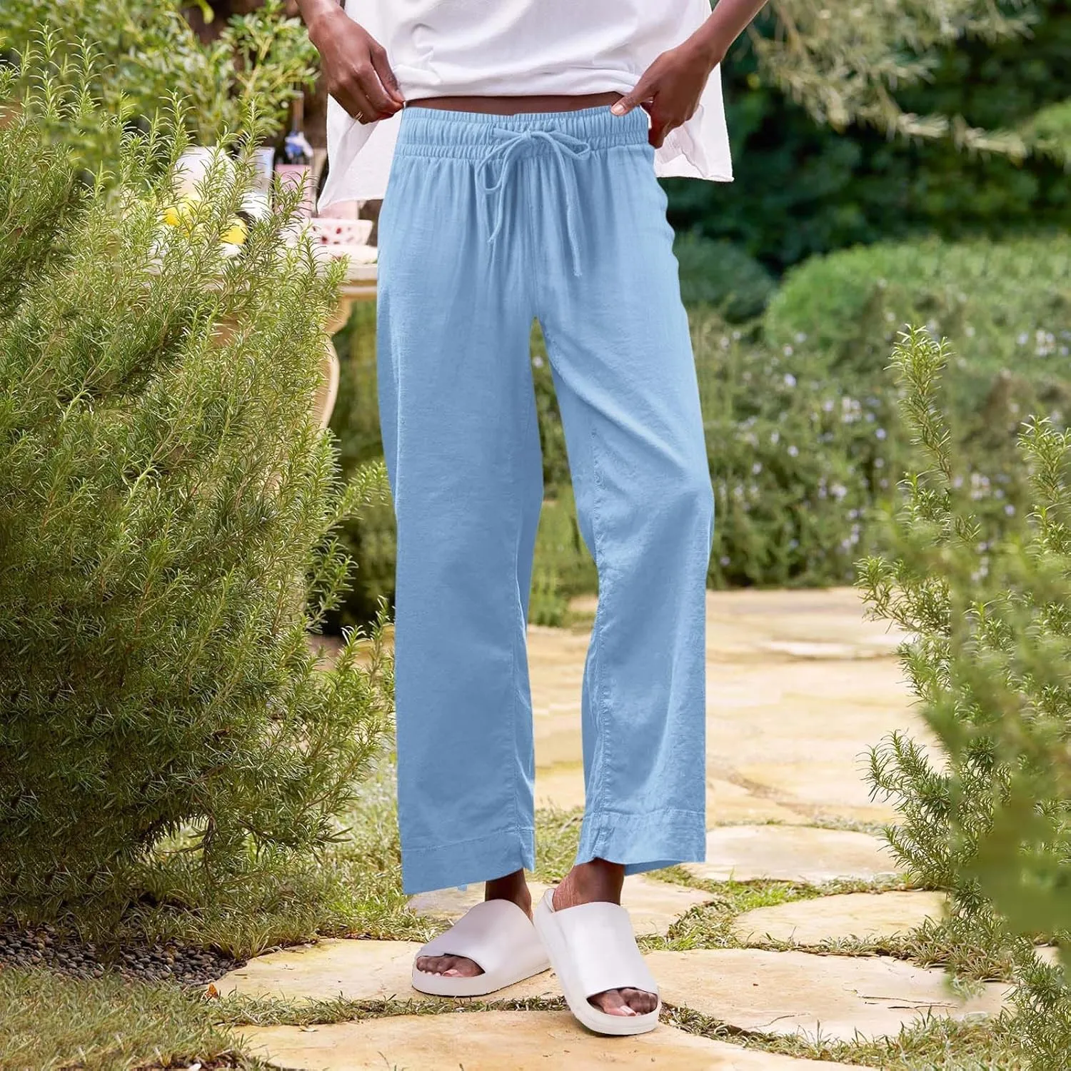 Wide Leg Linen Pants Woman Elastic High Waist Cropped Slacks Trendy Summer Business Casual Work Lounge Trouser Pockets