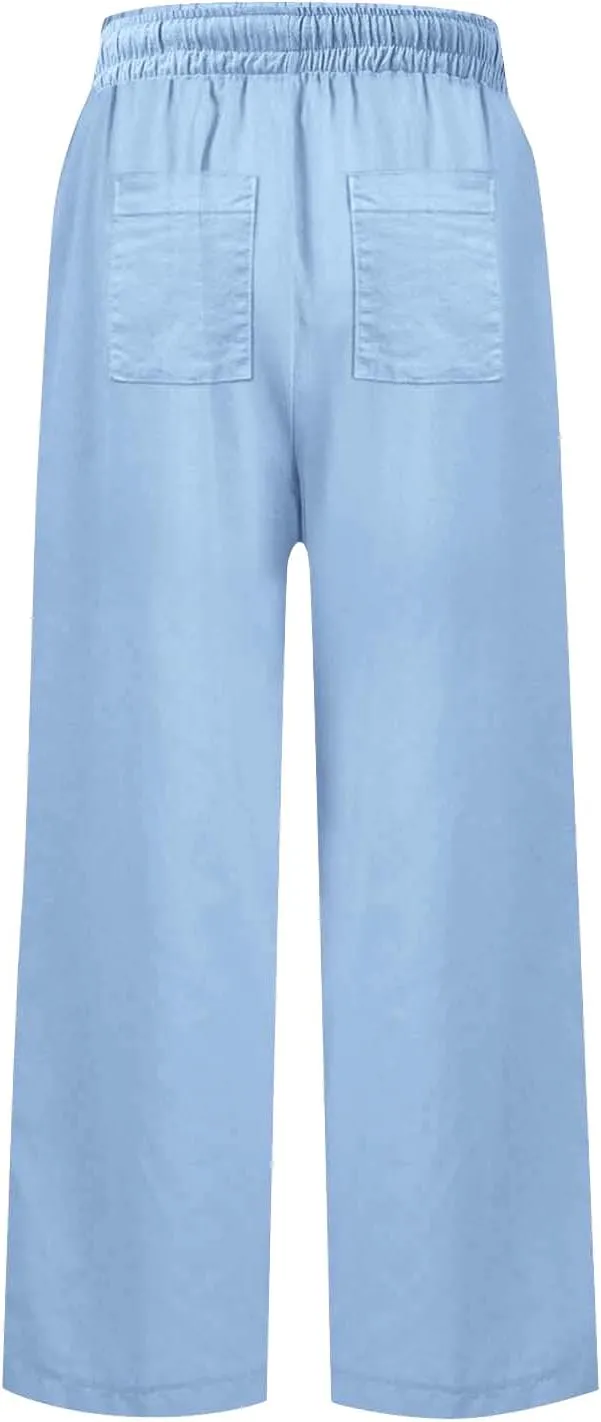 Wide Leg Linen Pants Woman Elastic High Waist Cropped Slacks Trendy Summer Business Casual Work Lounge Trouser Pockets