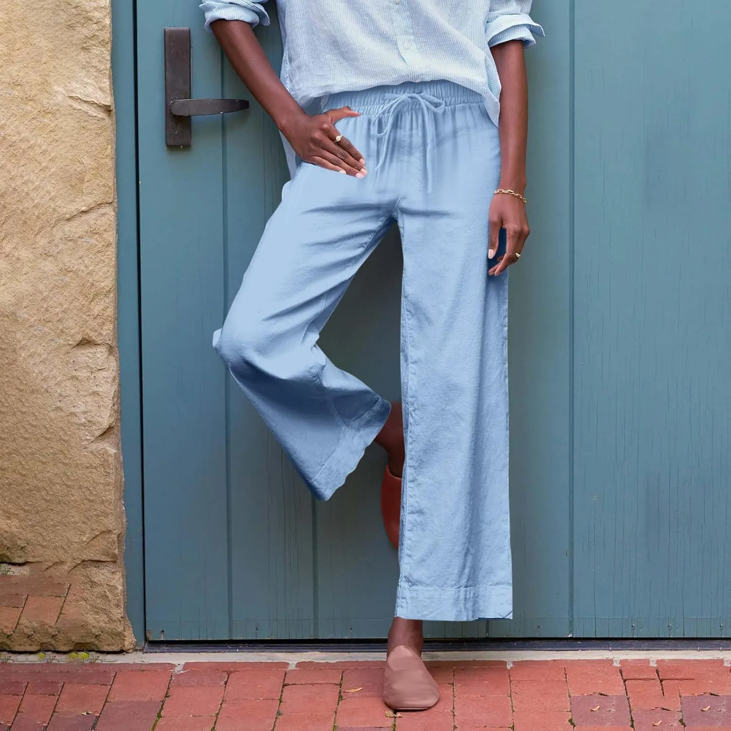Wide Leg Linen Pants Woman Elastic High Waist Cropped Slacks Trendy Summer Business Casual Work Lounge Trouser Pockets