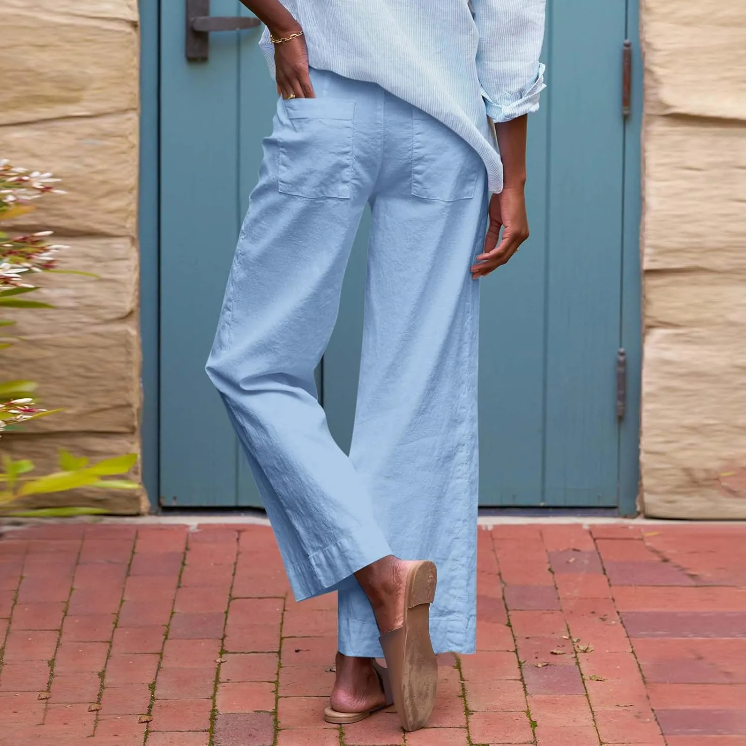 Wide Leg Linen Pants Woman Elastic High Waist Cropped Slacks Trendy Summer Business Casual Work Lounge Trouser Pockets