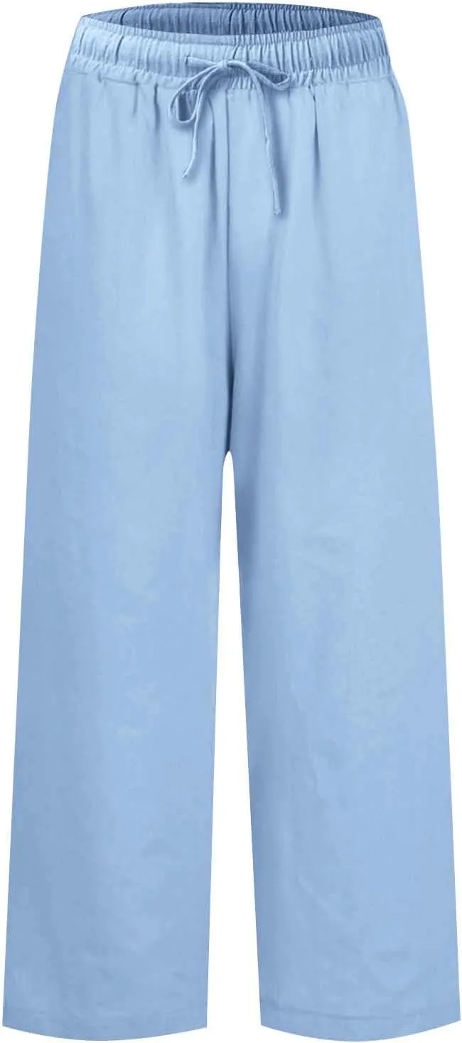 Wide Leg Linen Pants Woman Elastic High Waist Cropped Slacks Trendy Summer Business Casual Work Lounge Trouser Pockets
