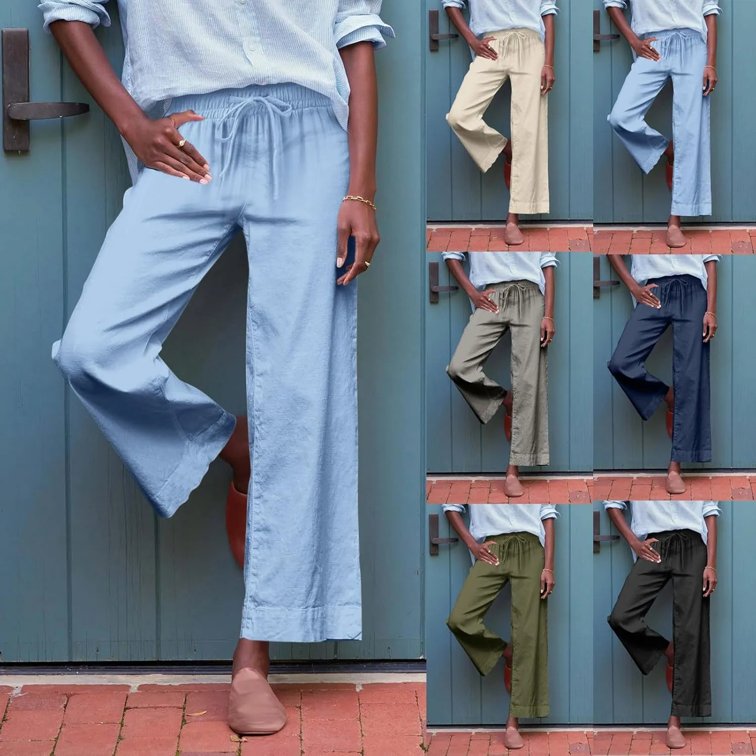 Wide Leg Linen Pants Woman Elastic High Waist Cropped Slacks Trendy Summer Business Casual Work Lounge Trouser Pockets
