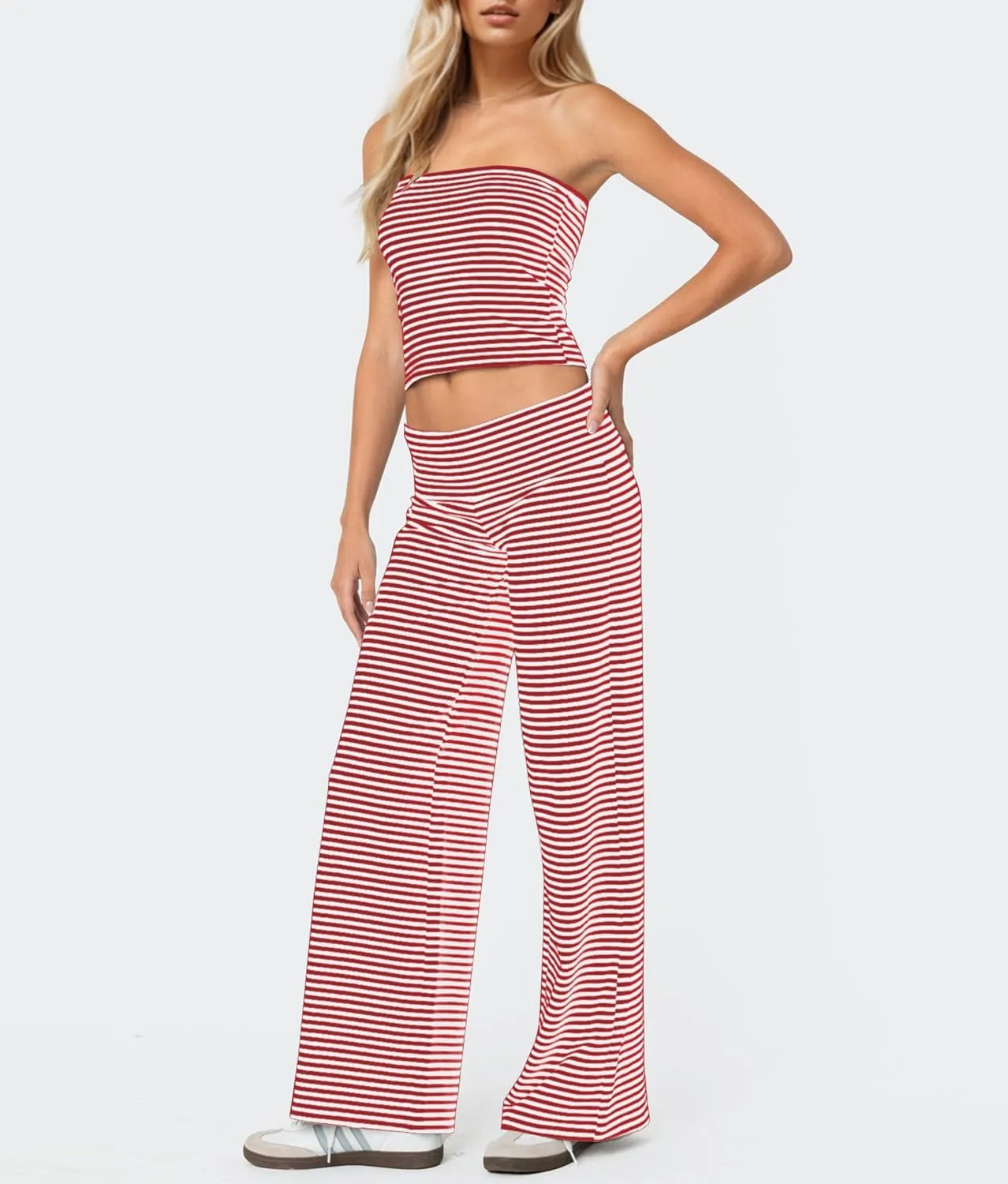 Wide Leg Striped Pants for Women Low Rise Elastic Waist Sweatpants Knit Trousers Pajama Pants