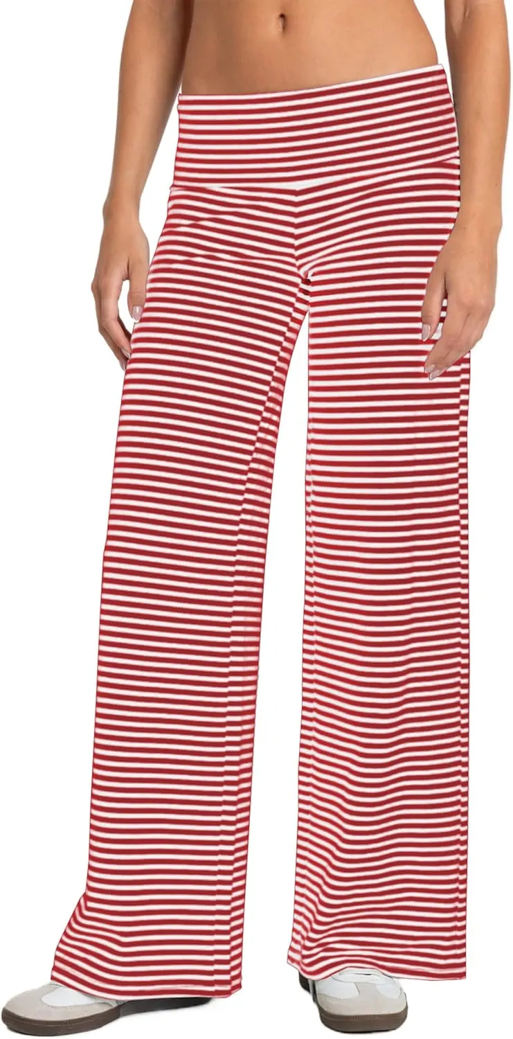 Wide Leg Striped Pants for Women Low Rise Elastic Waist Sweatpants Knit Trousers Pajama Pants