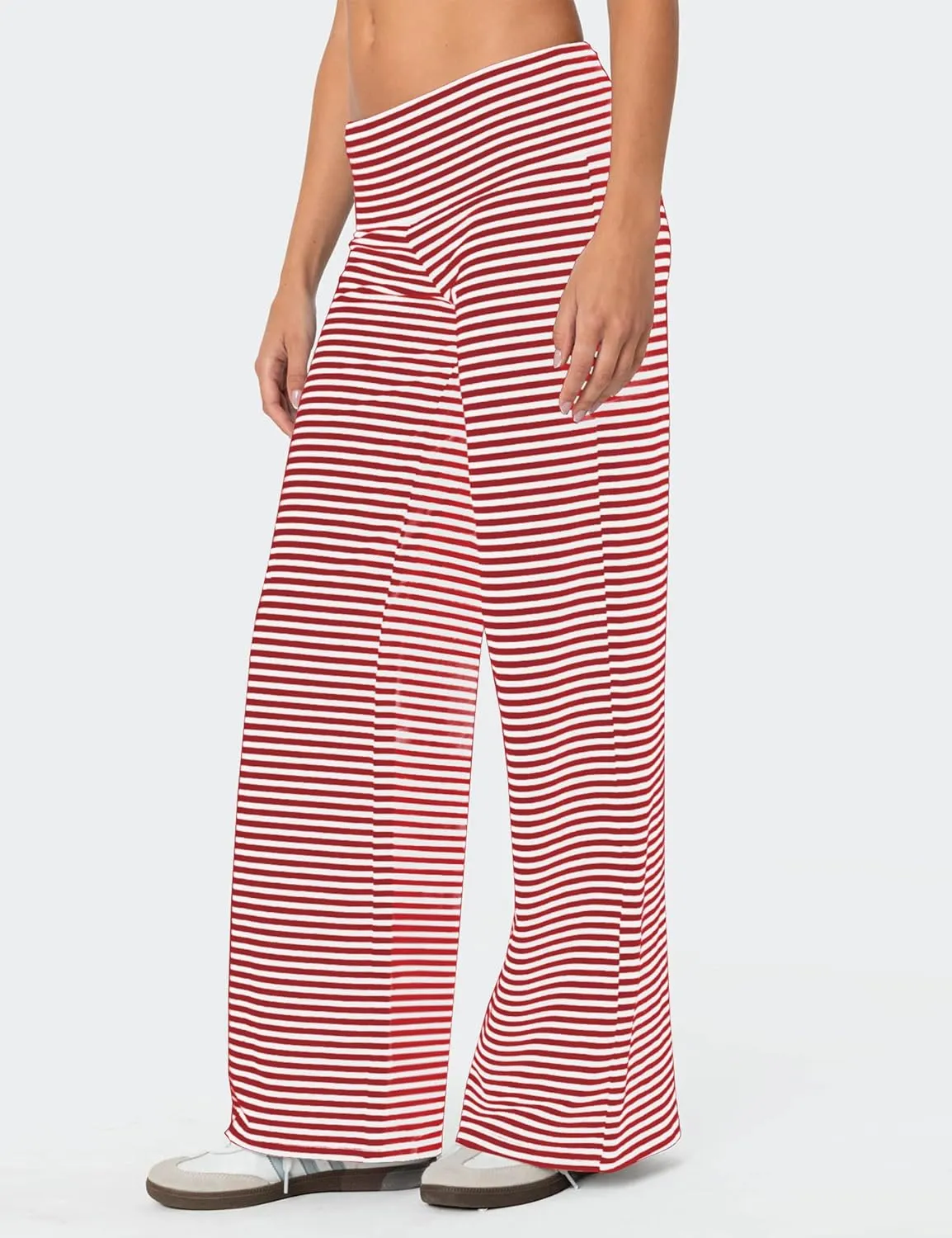 Wide Leg Striped Pants for Women Low Rise Elastic Waist Sweatpants Knit Trousers Pajama Pants