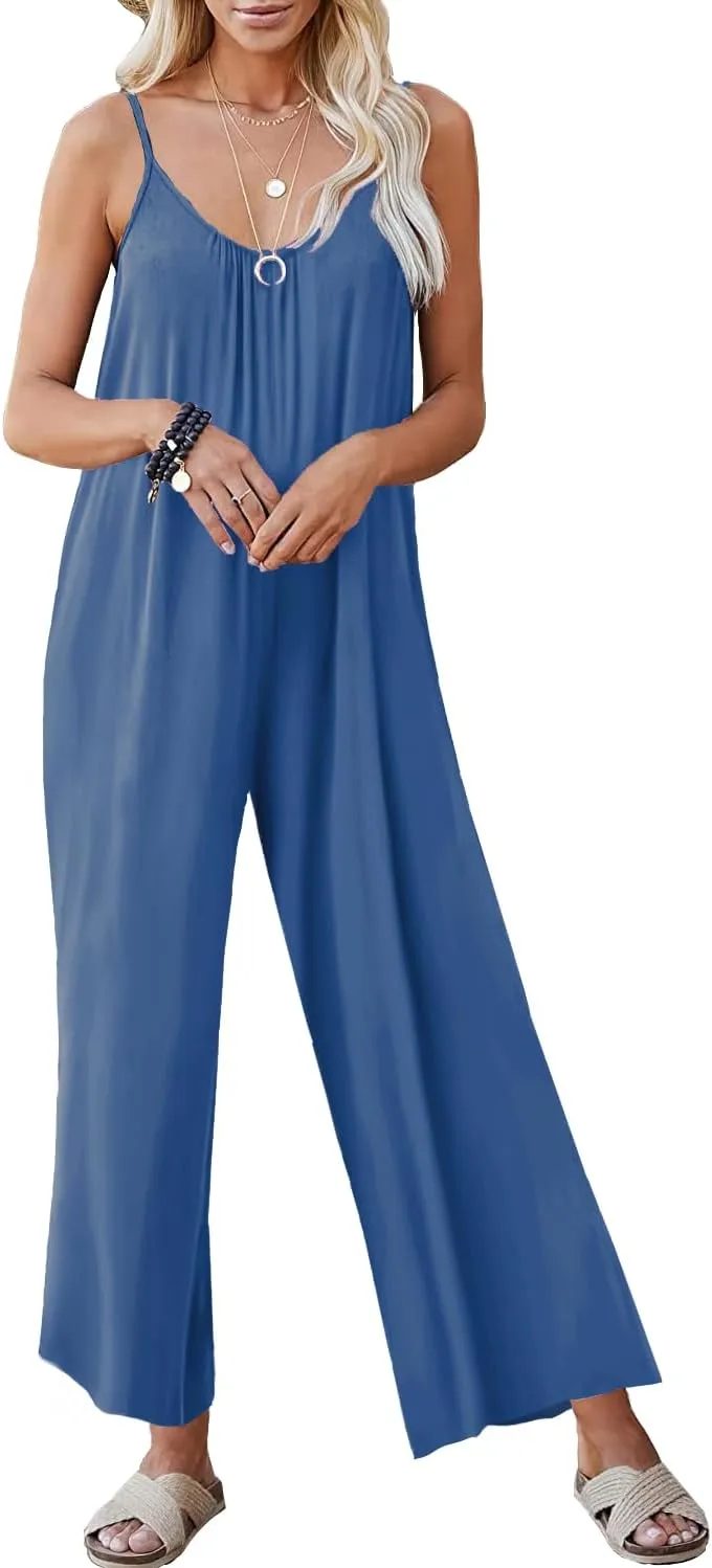 Women Casual Jumpsuits Summer Sleeveless Loose Jumpsuit Shoulder Strap Adjustable Long Pants Rompers with Pockets