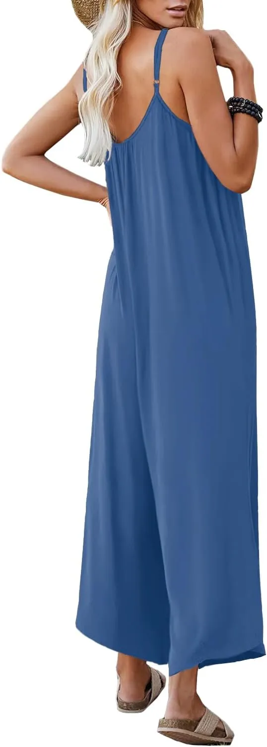 Women Casual Jumpsuits Summer Sleeveless Loose Jumpsuit Shoulder Strap Adjustable Long Pants Rompers with Pockets