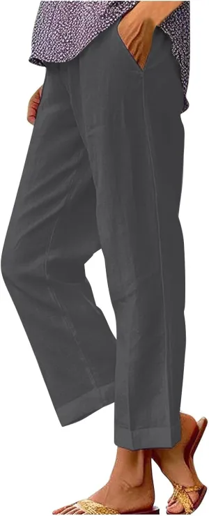 Women Cotton Linen Pants Elastic Waist Capri Wide Leg Cropped High Waist Comfy Loose Trousers with Pockets