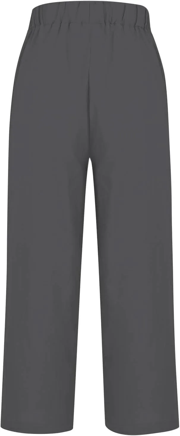 Women Cotton Linen Pants Elastic Waist Capri Wide Leg Cropped High Waist Comfy Loose Trousers with Pockets