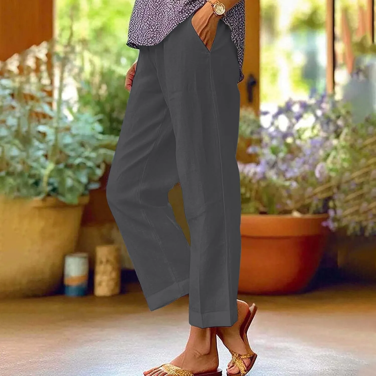 Women Cotton Linen Pants Elastic Waist Capri Wide Leg Cropped High Waist Comfy Loose Trousers with Pockets